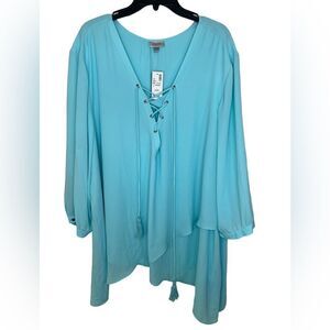 Avenue Light Blue 3/4 Sleeve Tie Neck Asymmetrical Chiffon Blouse 26/28
